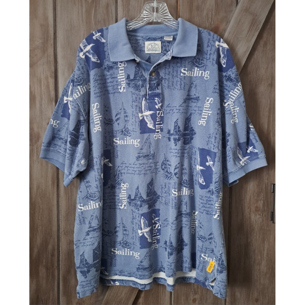 BD Baggies Sailing Novelty Polo Shirt Men's XL Sailboats Blue Cotton Nautical